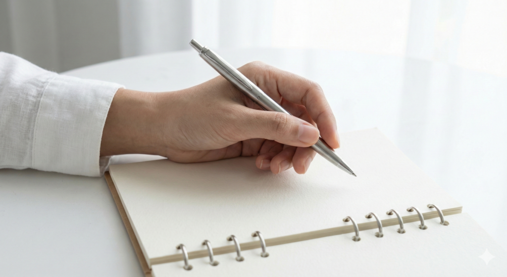 Writing in a journal after a float session to reflect with a clear mind