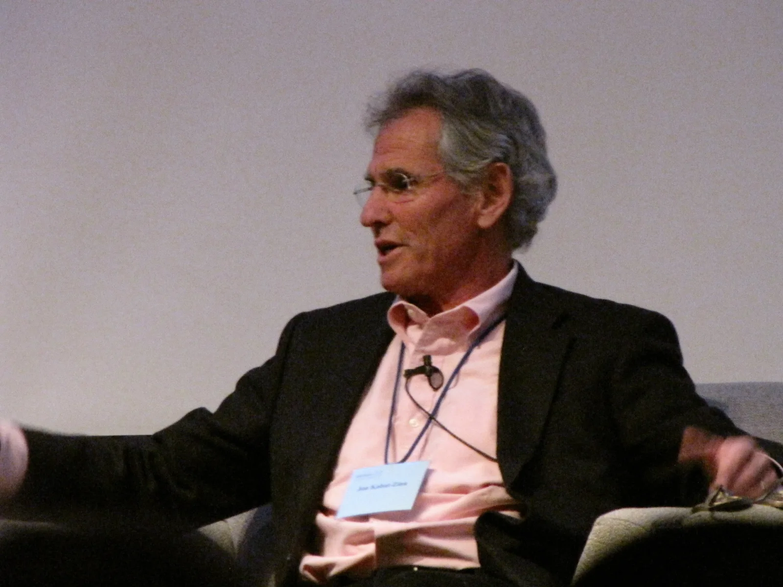 A grey-haired man in glasses, a dark jacket and a pink shirt speaking from an armchair on a stage, with a name badge and a clip-on microphone
