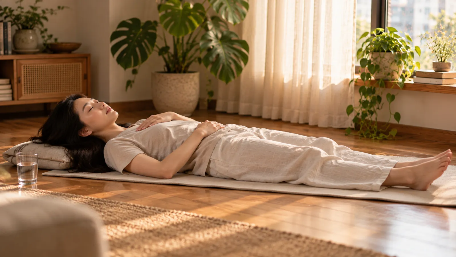A woman lying on her back on a thin mat on a wooden floor in a sunlit apartment with plants, eyes closed, hands resting on her chest and belly