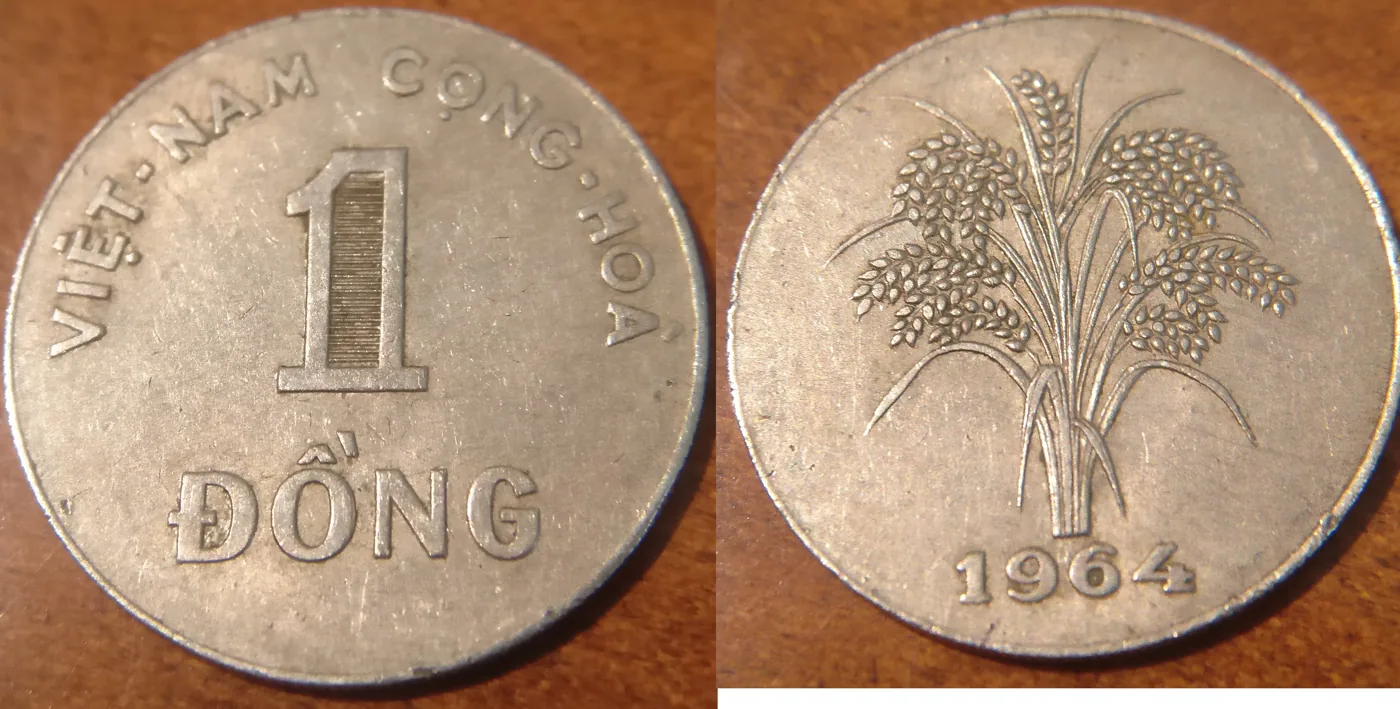 Both sides of a 1964 South Vietnamese one-dong coin, one with the number 1 and the word Đồng, the other with a sheaf of rice
