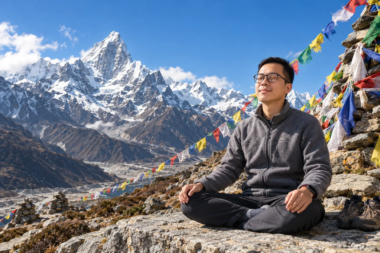 Đức meditating in the Himalaya in front of Ama Dablam