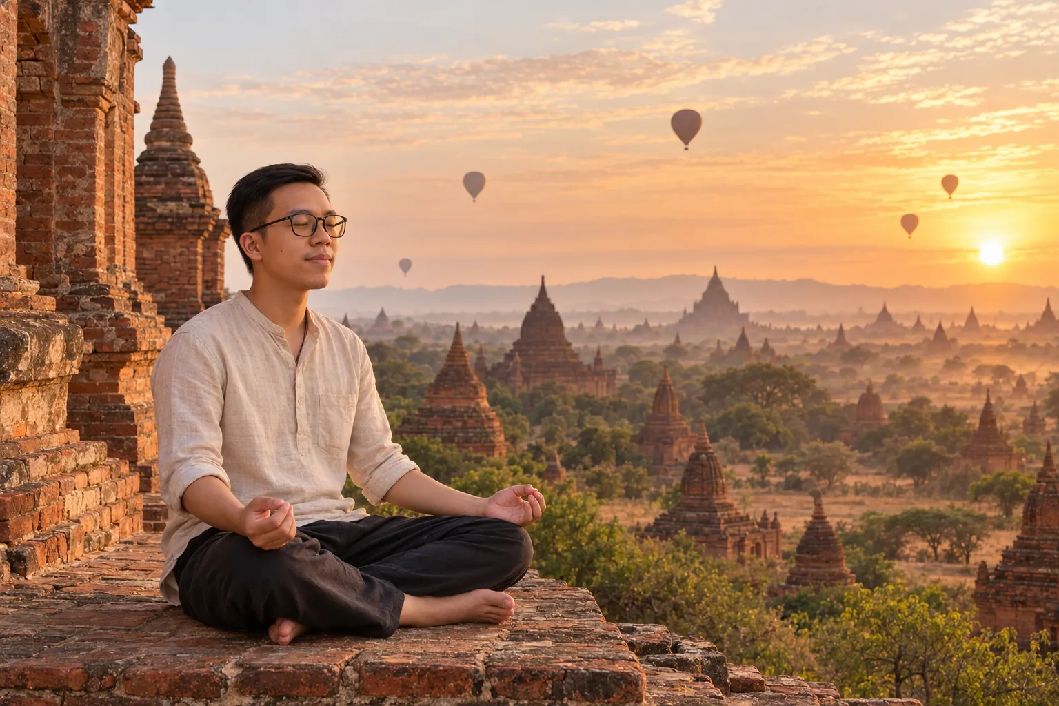 Đức meditating at sunrise above the temples of Bagan