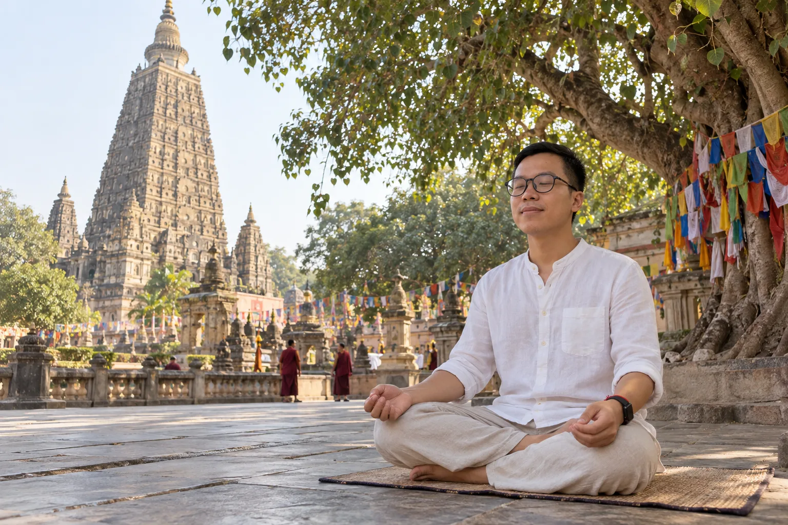 Đức meditating under the Bodhi tree beside the Mahabodhi Temple