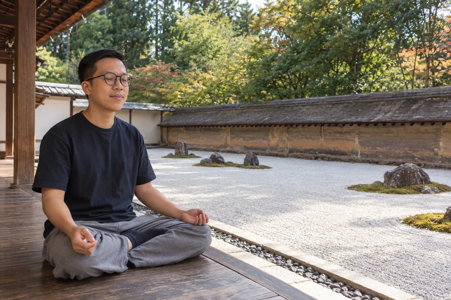 Đức meditating beside the Ryoan-ji rock garden in Kyoto