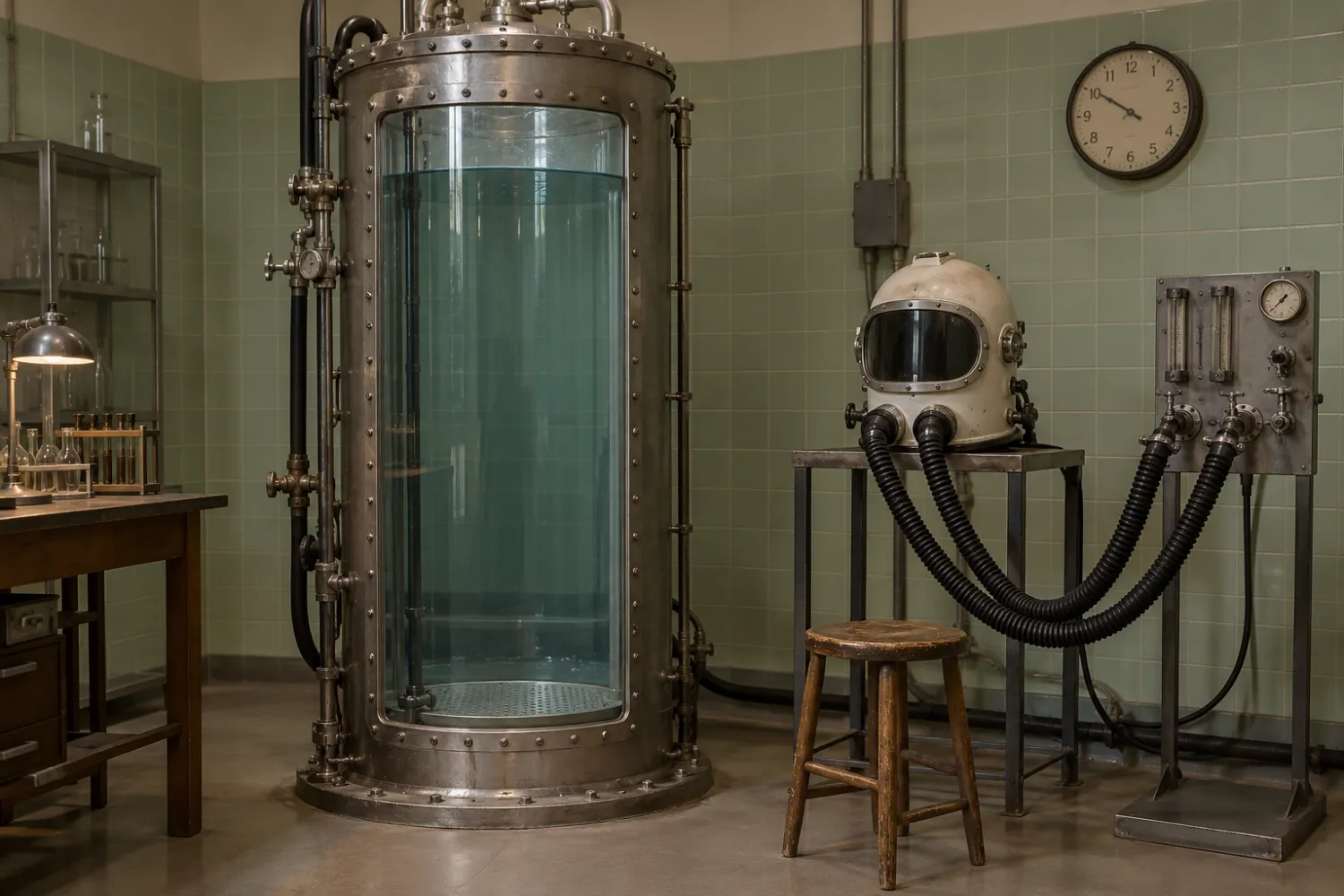 AI reconstruction of a late-1950s upright isolation tank with an enclosed helmet and breathing hoses