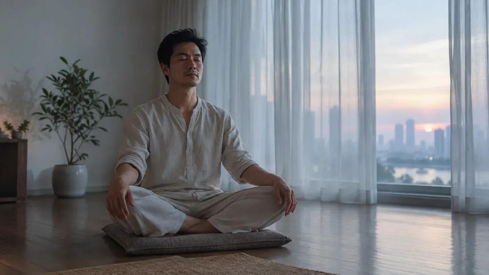 A man in loose white clothes sitting cross-legged on a cushion with his eyes closed, in a quiet apartment with sheer curtains and a city skyline at dawn behind him