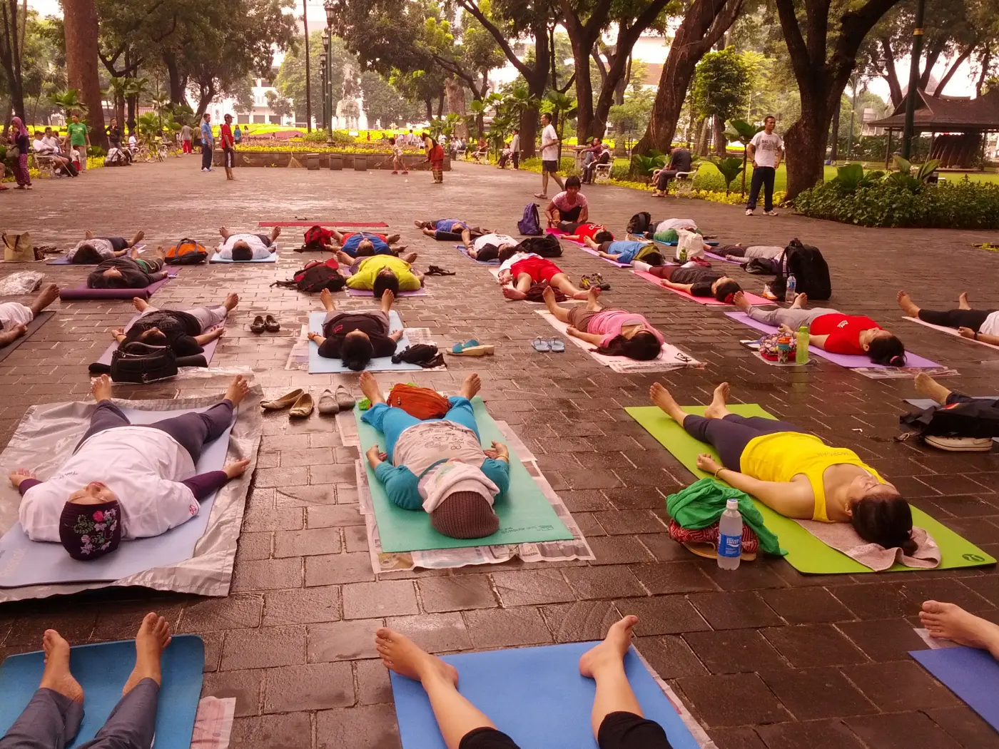 A group of people lying on their backs on yoga mats in a tree-lined city park, arms by their sides, resting in corpse pose