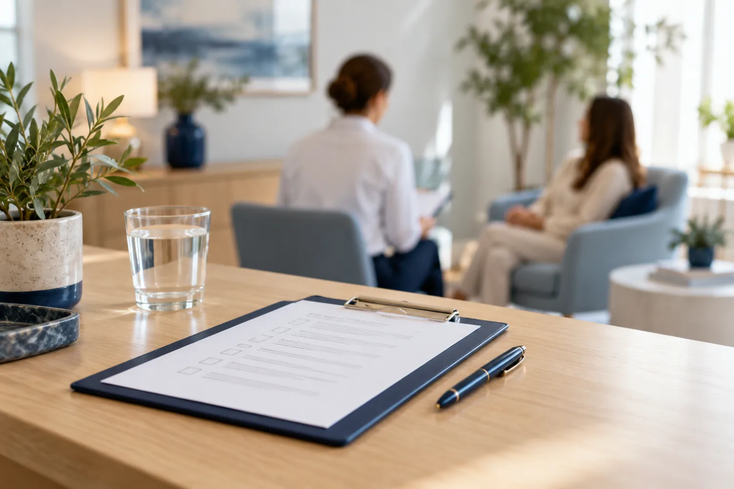 A health questionnaire on a clipboard at a calm reception desk, with a practitioner talking to a guest in the background