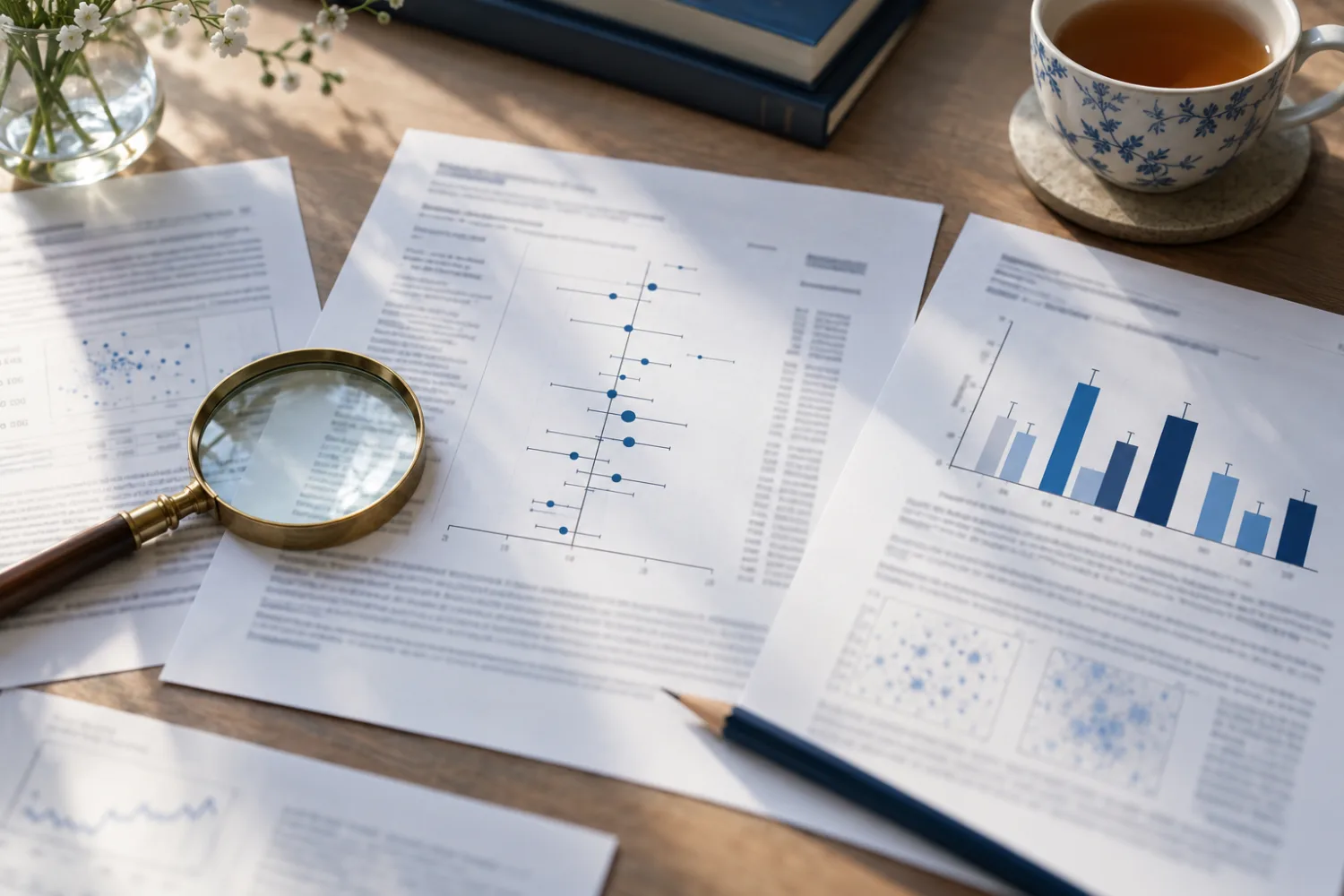 Research papers laid side by side on a desk with a forest plot, a bar chart, a magnifying glass and a cup of tea