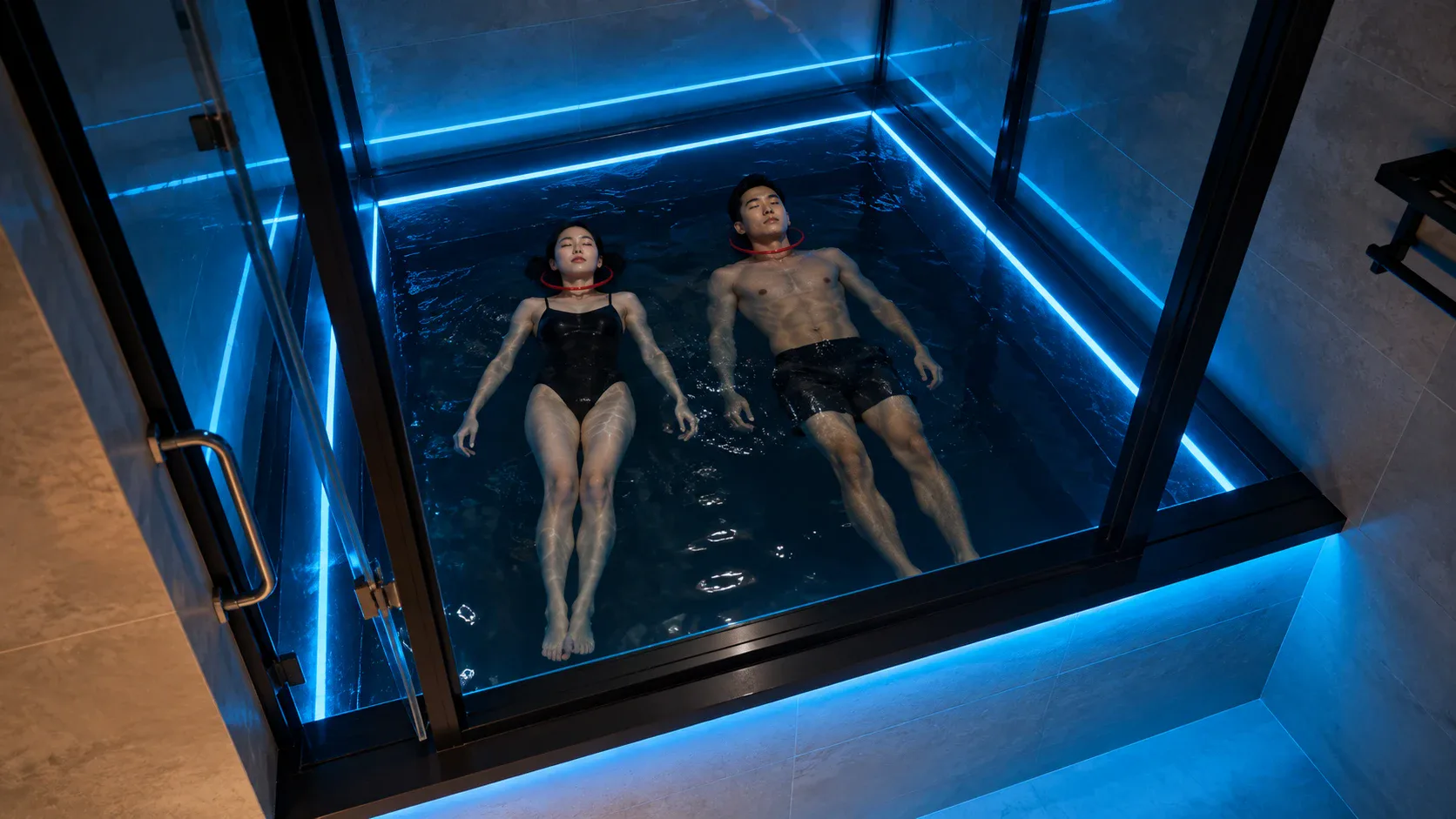 A couple floating side by side in the square float pool for two at Ōmni Space