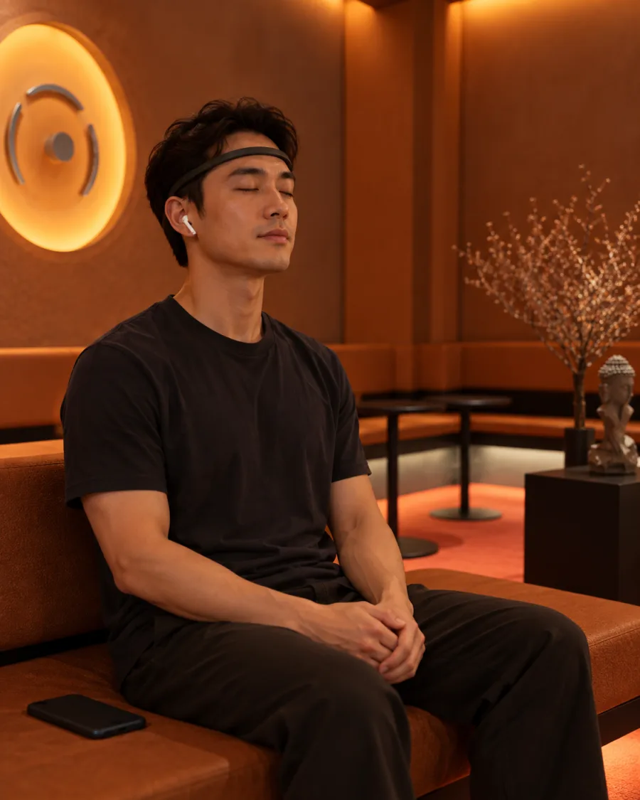 A meditation headband like Muse reads brain activity through a few dry sensors on the forehead and turns it into sound feedback.