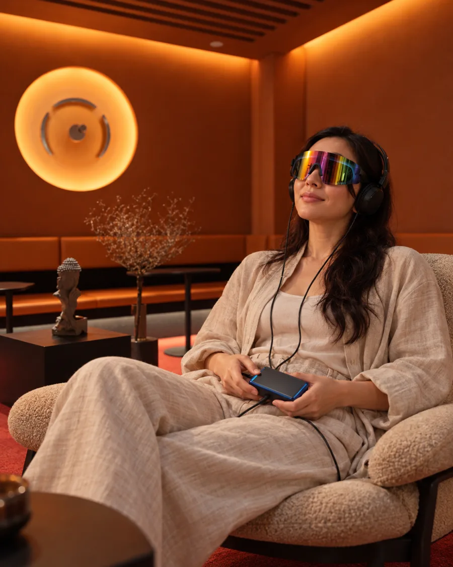Light-and-sound glasses with headphones, the set-up used with DAVID Delight in Ōmni’s Neuro Align session.