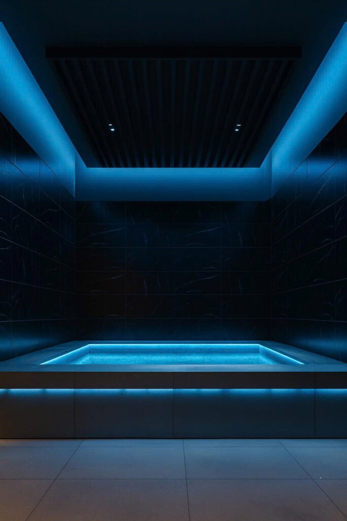 Salle de flottaison sombre et silencieuse, prête pour une séance