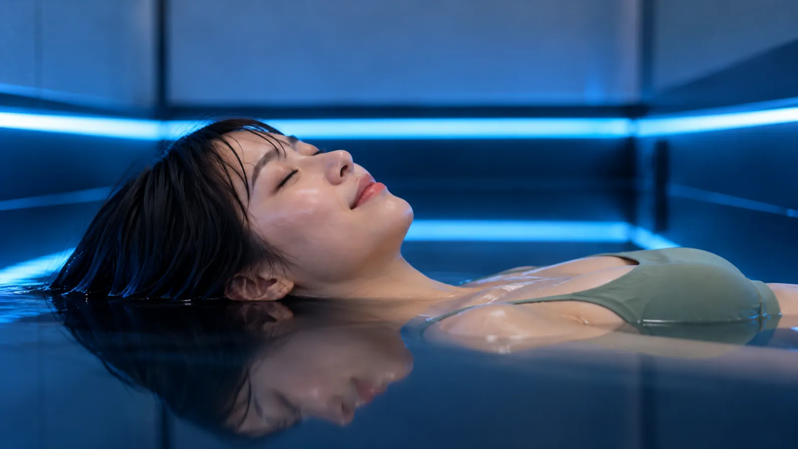 A woman floating with eyes closed and a calm face in soft blue light at Ōmni Space