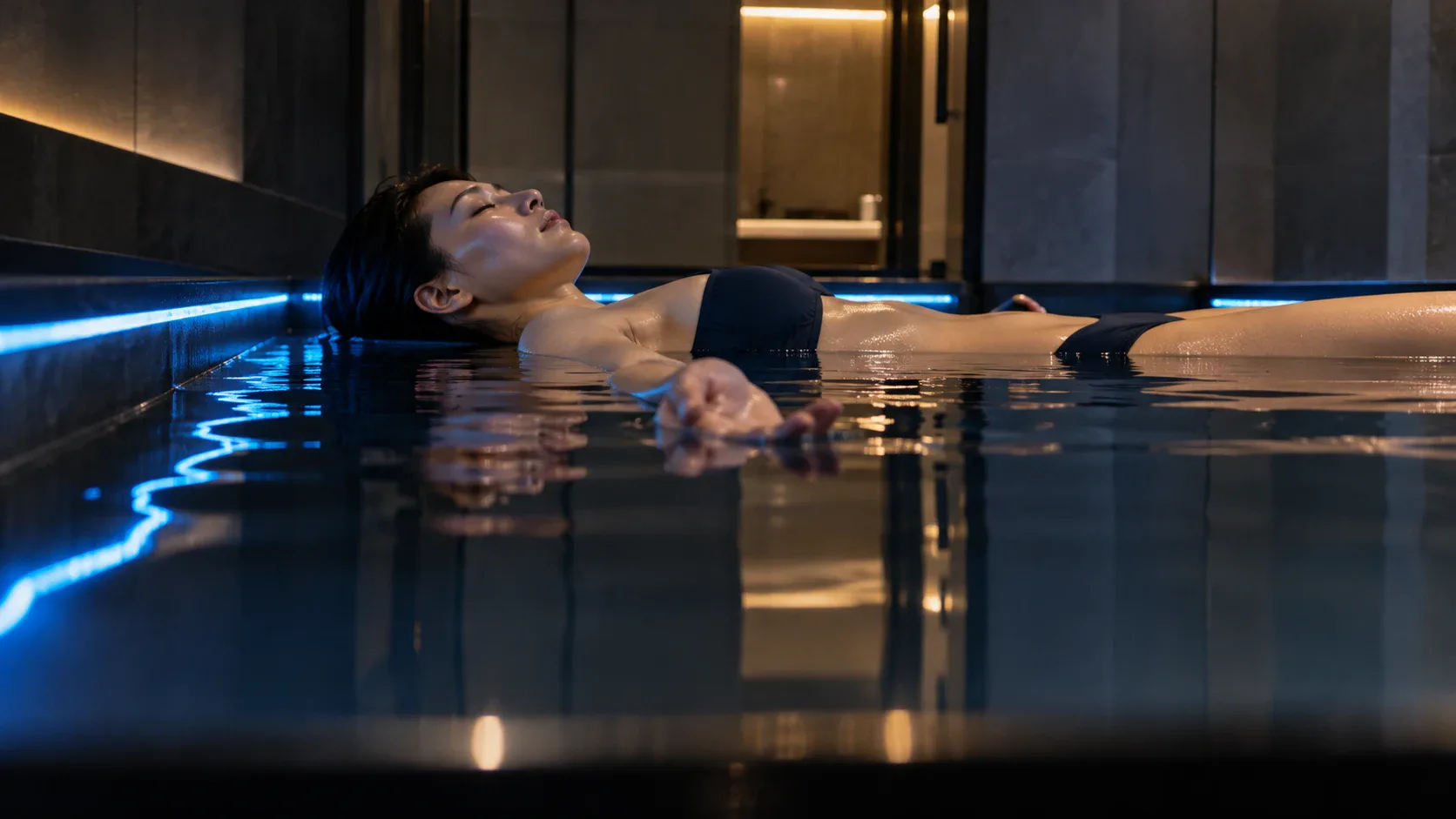 Una persona flotando boca arriba en una piscina iluminada en azul en Ōmni Space
