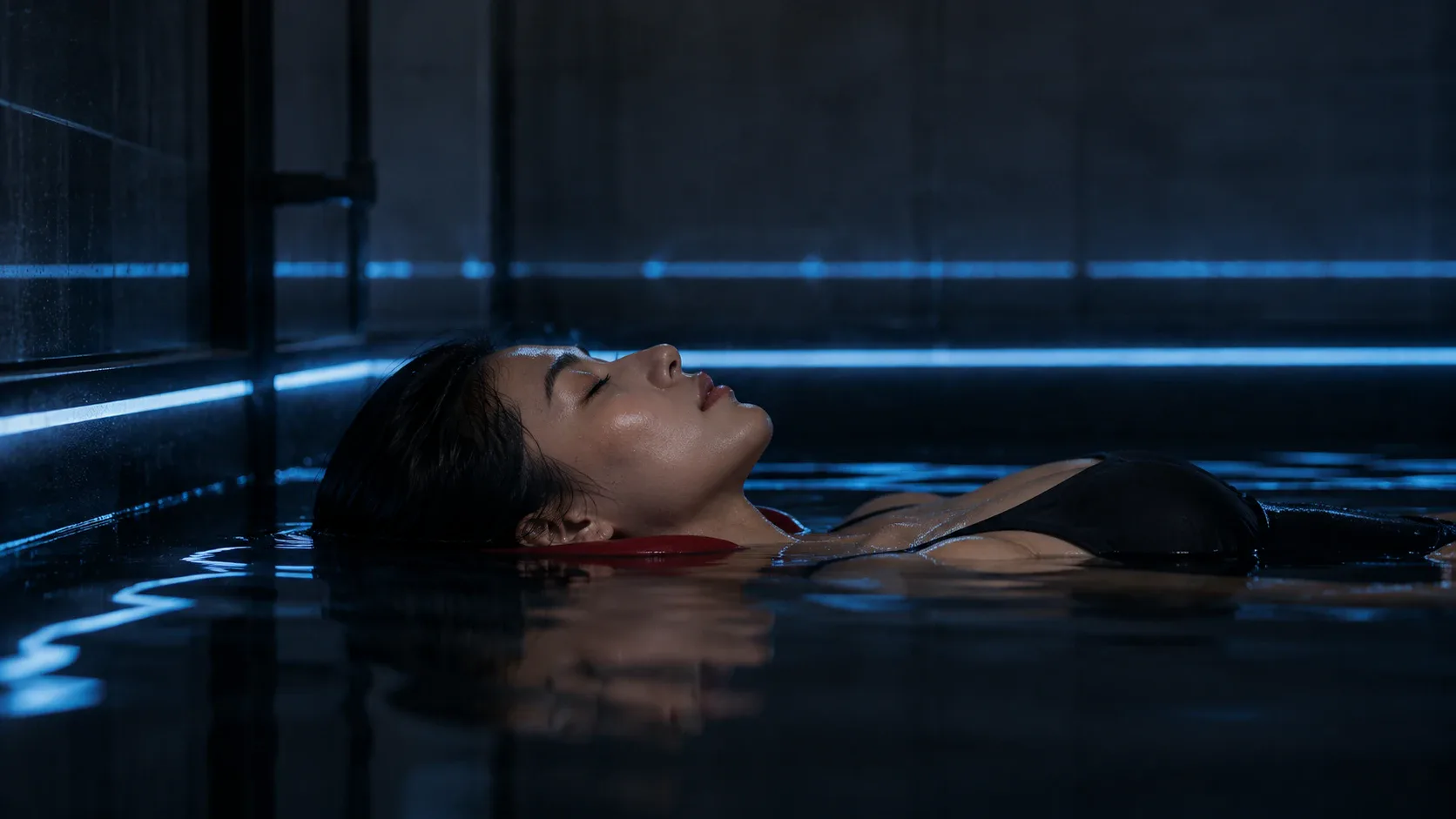 Mujer flotando boca arriba en una piscina de flotación iluminada en azul, con la cabeza apoyada en una almohada para el cuello