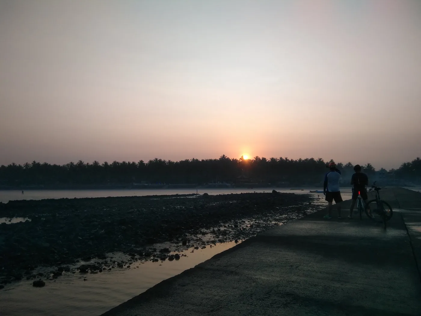 The sun rising over a line of palm trees beyond a calm bay, with two cyclists standing on a concrete jetty in the soft morning light