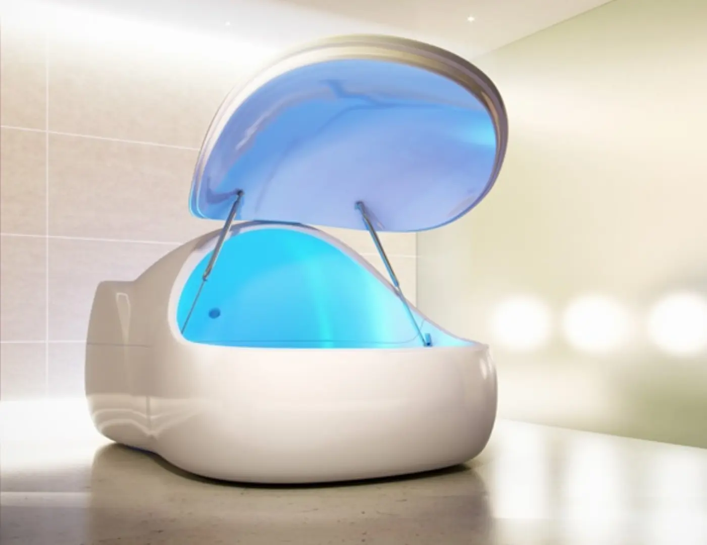 A white egg-shaped float pod with its lid raised in a spa room