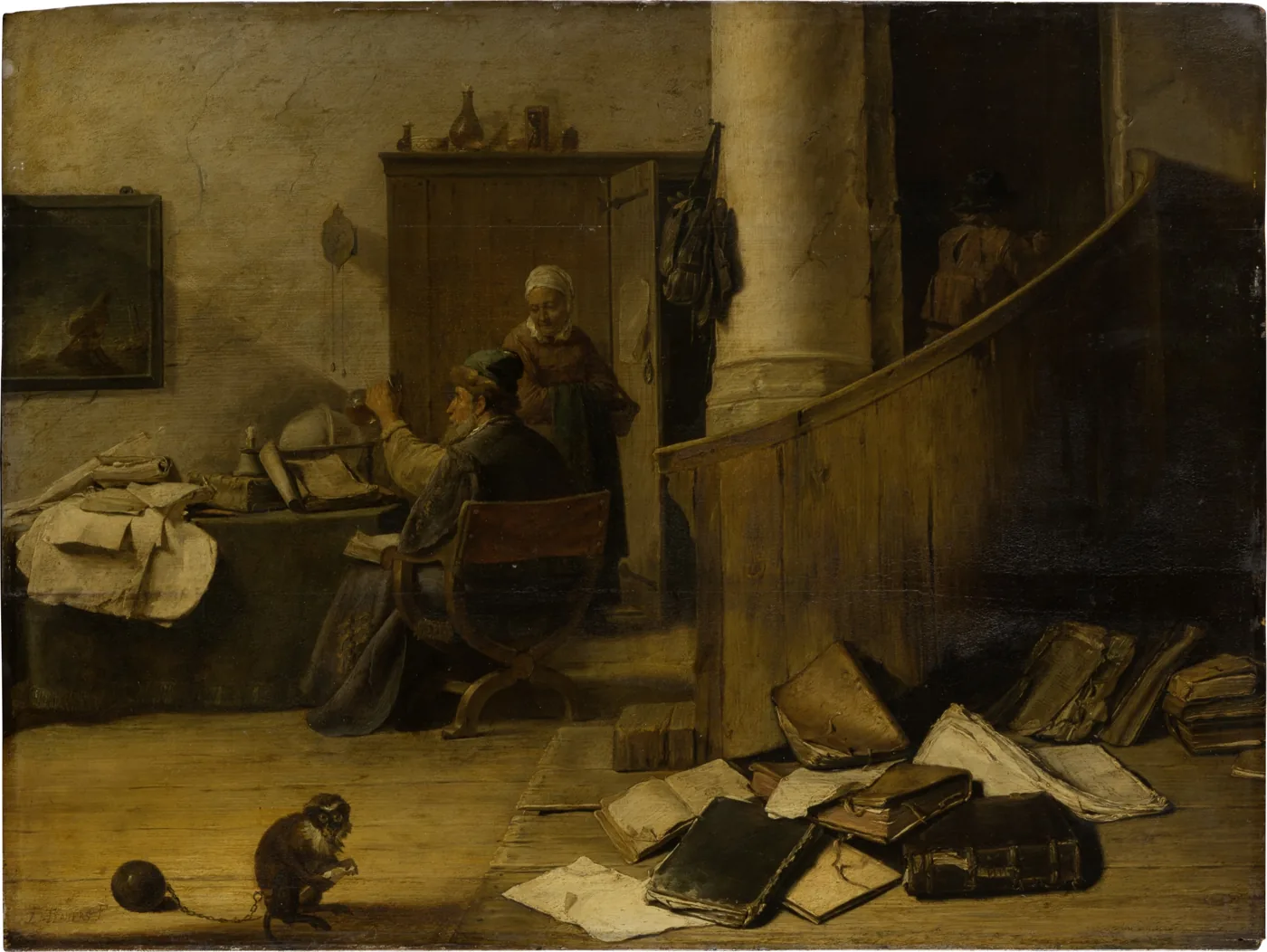 A 17th-century oil painting of a doctor in a cluttered study holding a glass flask of urine up to the window light while a woman waits beside him